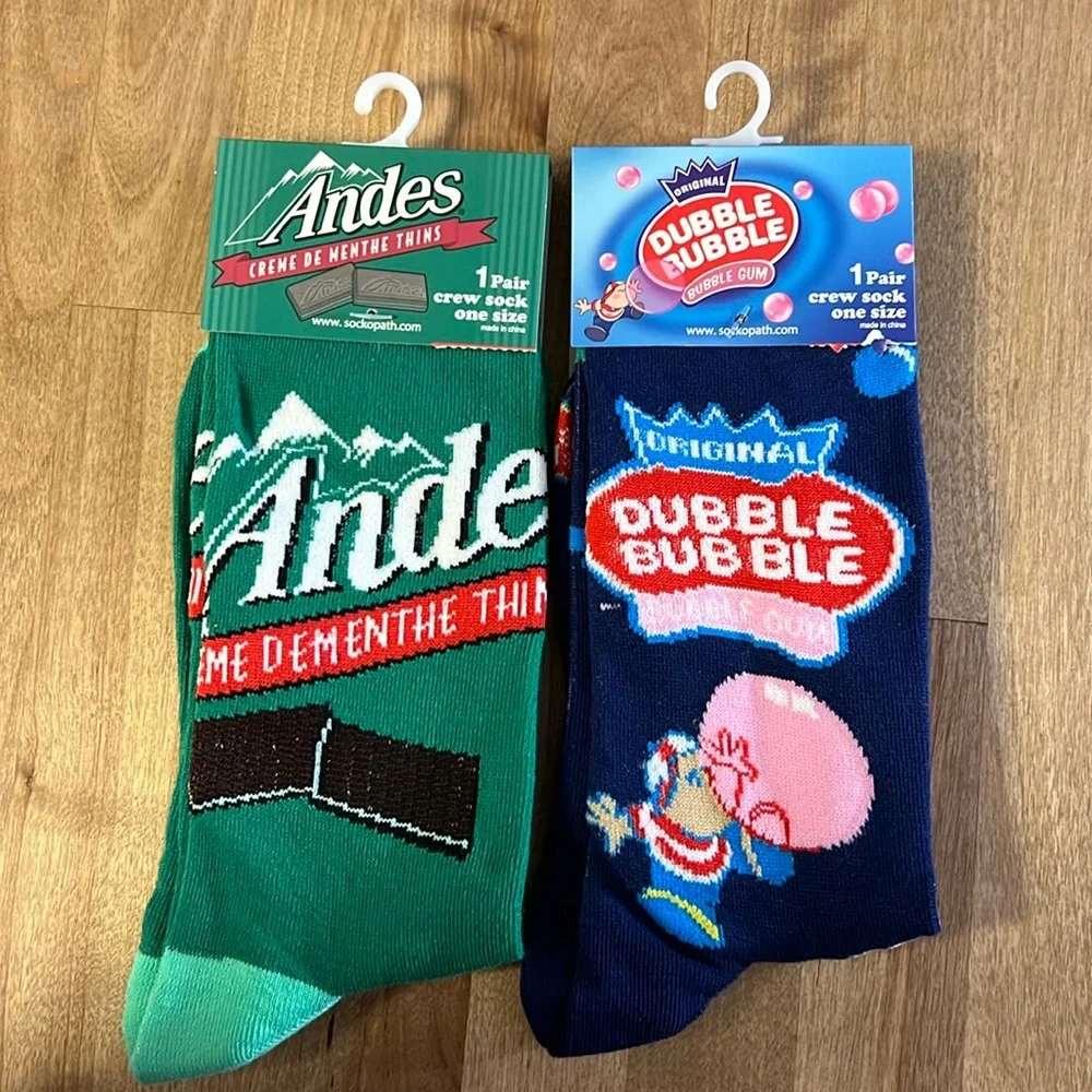 Andes Thins Dubble Bubble Logo Unisex 2 Pair Crew Socks NWT
